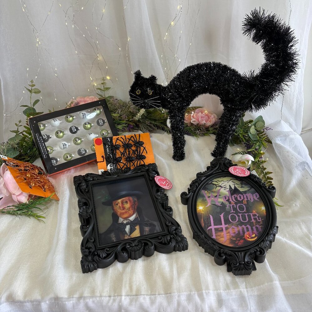 Brand New  6 PC Halloween Decor Cat Ornaments Frames